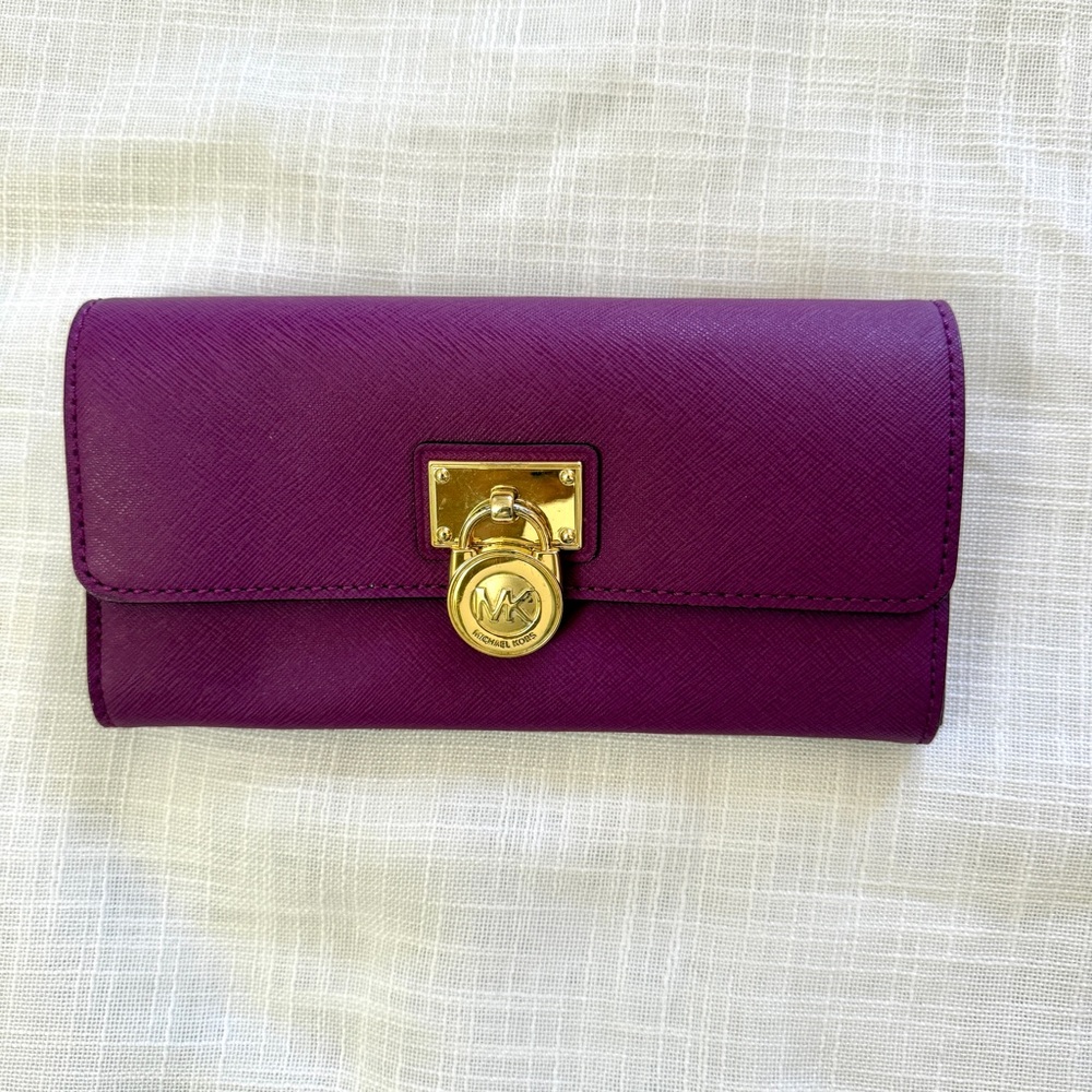 Michael Kors Purple Saffiano Leather Wallet with Gold Hardware